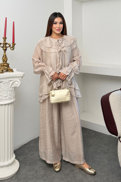 Hatun Atila Tencel Modal Fabric Layered Flounce Tie-Front Blouse and Trousers...