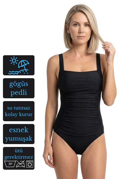 mrm pro Costum de baie negru pentru femei, cu efect de subțiere și drapaj – C...