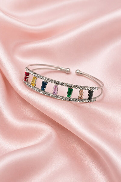 THE Steel Women's Silver Color - Colorful Baguette Stone Cuff Bracelet