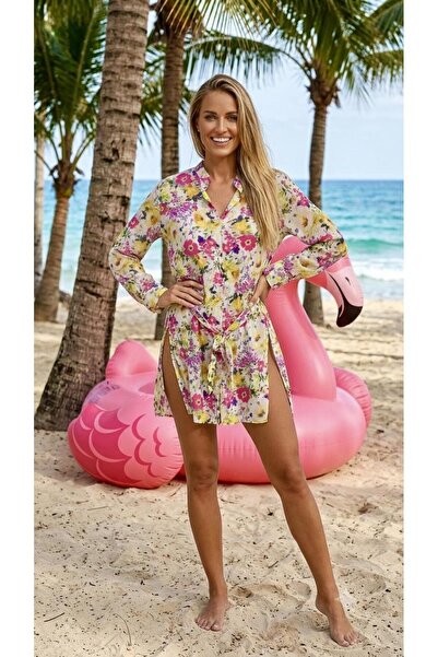 MY SEA GG-12 Pembe Çiçekli Kolları Volanlı Derin Yırtmaçlı Şifon Gömlek Pareo