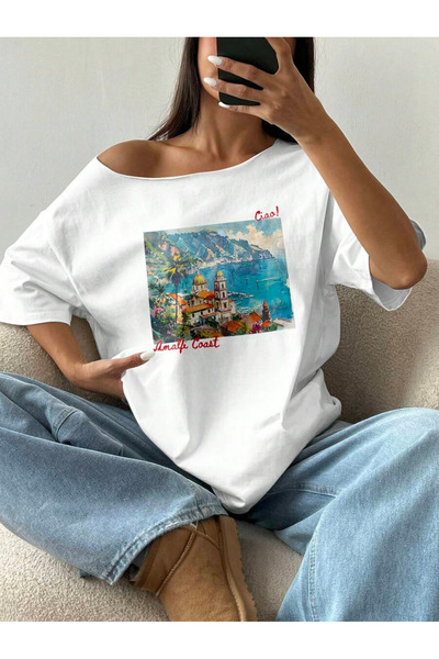 OVER HEAD Tricou de damă, 100% bumbac, cu imprimeu Coasta Amalfi, cu gât barc...