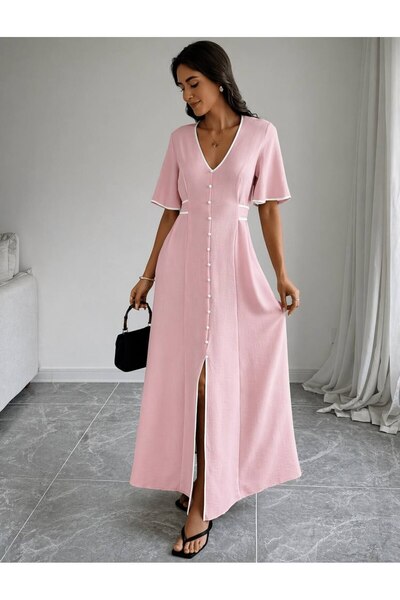 kendii modamm Black/Pink Pearl Button Detail Belted V-Neck Summer Long Dress – Relaxed Fit Stylish Casual & Vacation Wear Dress