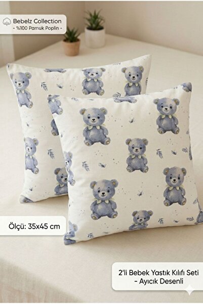 Bebelz %100 Pamuk 2'li Bebek Yastık Kılıfı Seti - 35x45 cm Mavi Ayıcık Desenli