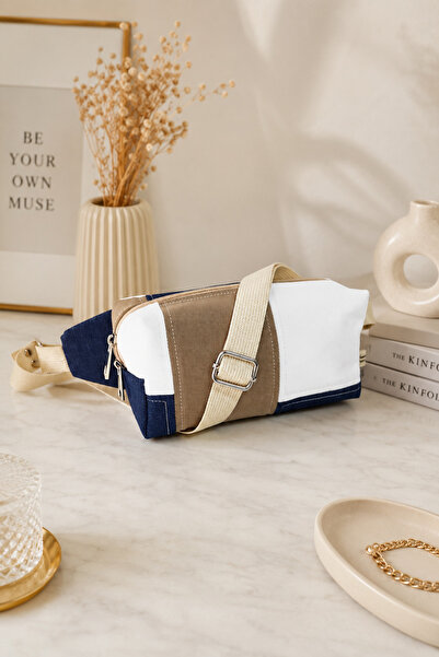 minart design Denim Patchwork Tasarım Lacivert Beyaz Kahve Renginde Çapraz ku...