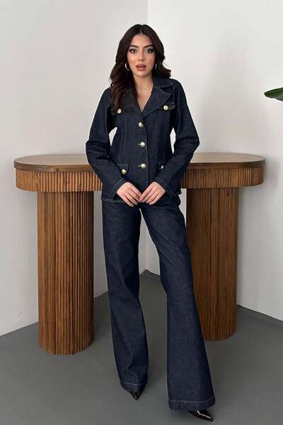 Caddebostan Moda Gold Buttoned Jacket and Trousers Two-Piece Denim Set