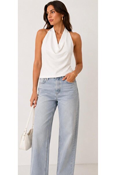 Butik Kadın Beyaz Degaje Yaka Saten Bluz Halter Yaka Şık Askılı Bluz