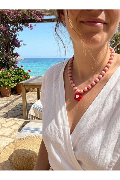 SoulSisco Jewellery Pembe Çizgili Boncuklu ve Kırmızı Çiçek Figürlü Tasarım K...