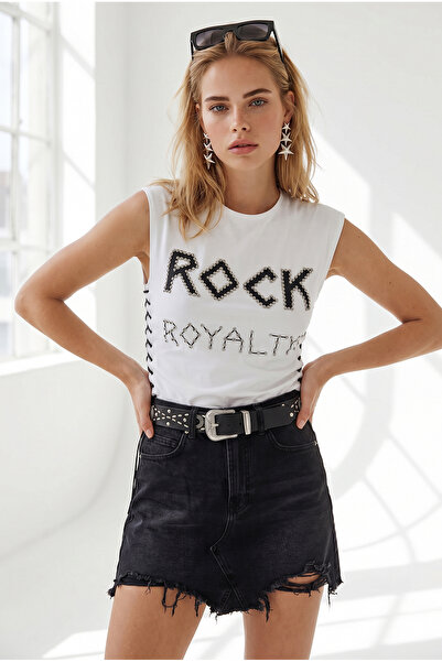 Olalook Women's Black Ripped Detailed Tasseled Denim Mini Skirt Etk-19000439