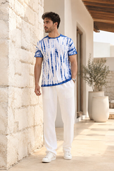 Polo State Tricou albastru pentru bărbați, cu imprimeu tie-dye și guler rotund