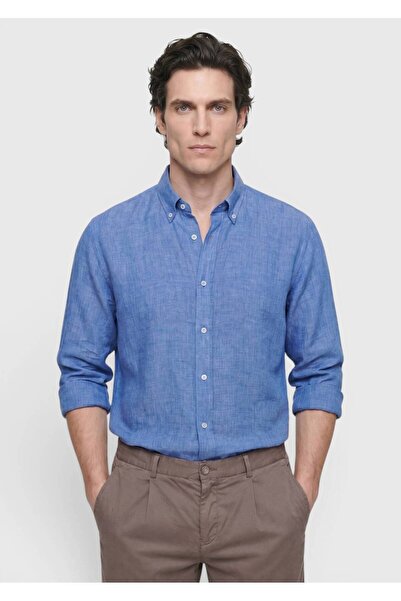 Ramsey Açık Mavi Düz Casual Fit Uzun Dokuma Casual %100 Keten Gömlek