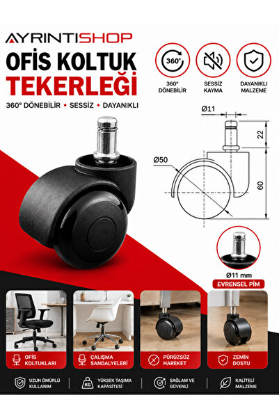 AYRINTISHOP Ofis Koltuk Sandalye Tekerleği 50 mm Pimli Sessiz Dayanıklı Yedek...