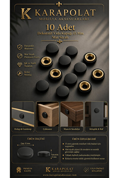 KARAPOLAT 15 mm Mat Siyah Dekoratif Vida Kapağı 10 Adet Vida Kapatıcı Gizleme...