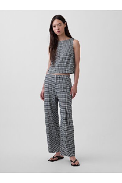 GAP Kadın Siyah Keten Karışımlı Relaxed Straight Ankle Pantolon