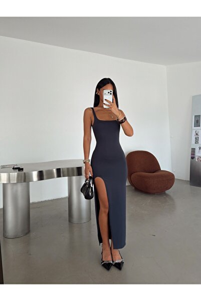 myd U-Neck Slit Long Dress - Anthracite