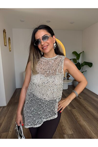 LE CARAMBOLE Ženska bež bluza bez rukava sa šljokicama