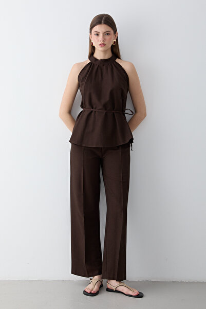 JASTE Women's Brown Halter Neck Belted Detailed Blouse and Pants Set