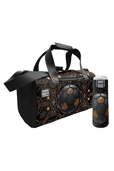 Coral High Black Brown Football Printed Boys' Sports Bag and 500 ml Steel Fla...