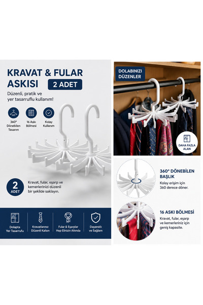 GELDİMİCOM 2 Adet Döner Kravat Askısı 20 Bölmeli Kravat Fular Eşarp Kemer Düz...