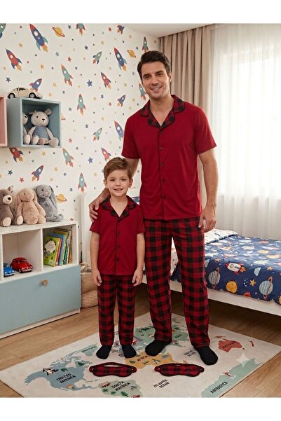 tusem butik homewear Otac-dete pamučna bordo karirana košulja sa kragnom i kr...