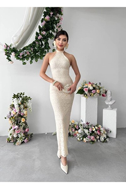 YURELİ Dantel Halter Yaka Uzun Abiye Elbise