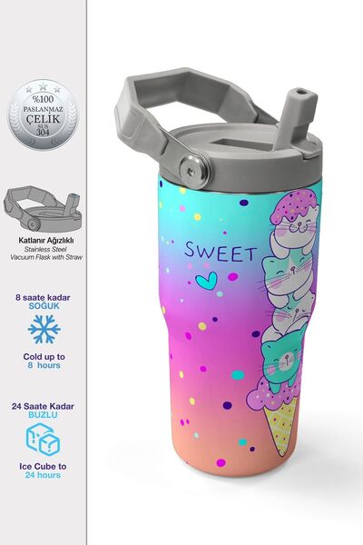 Coral High 600 ml Pipetli ve Kulplu Renkli Dondurmalı Kedi Desenli Kız Çocuk ...