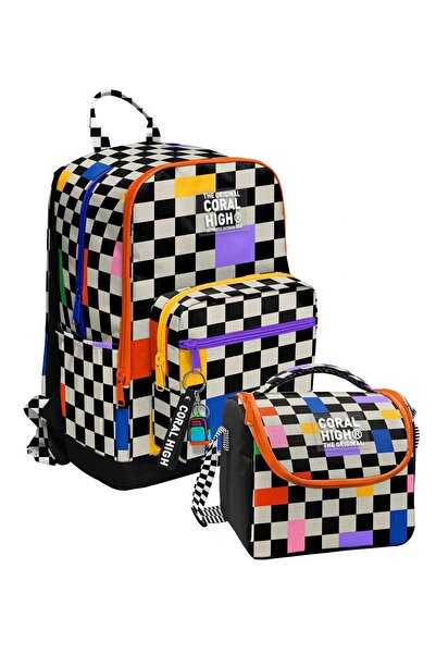 Coral High Set rucsac școlar și geantă de prânz cu model în carouri alb-negru...