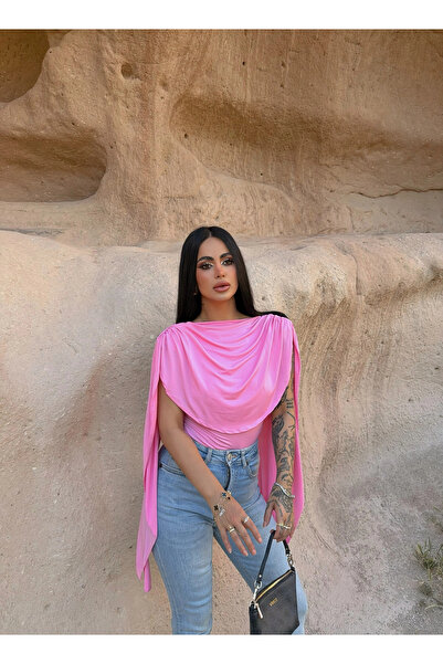 kırmızı butiks Pink Draped Cape Bodysuit