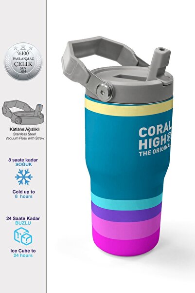 Coral High 600 ml Pipetli ve Kulplu Pembe Yeşil Sarı Çizgili Kız Çocuk Matara...