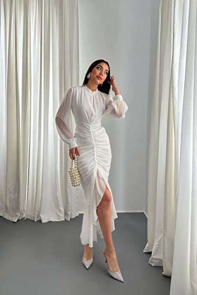 Caddebostan Moda Gathered Front Long Sleeve Chiffon Dress