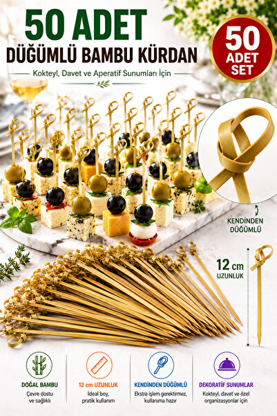 OpenCity 50 Adet Düğümlü Bambu Kürdan 12 cm Kokteyl Parti Davet Aperatif Sunu...