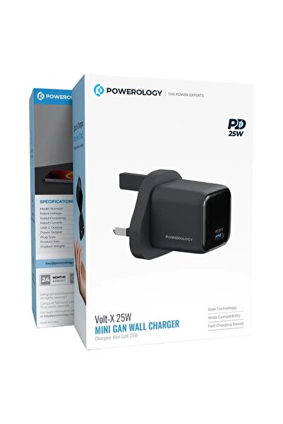 Powerology شاحن حائط صغير فولت-إكس 25 واط بتقنية جان، شاحن صغير جان 25 واط أسود