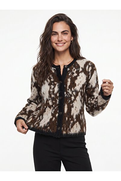 ONLOOX Black Brown Shawl Collar Knitwear Long Sleeve Buttoned Snake Pattern S...