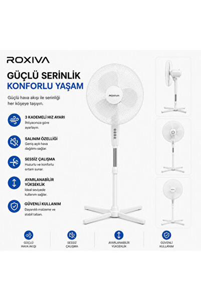 ROXİVA 16" Ayaklı Vantilatör | 3 Kademeli Hız Ayarı, Sessiz Çalışma