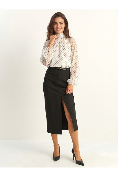 ONLOOX Black Viscose Woven High Waist Midi Length Pencil Skirt with Belted Fr...