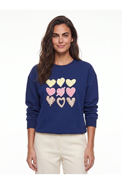 ONLOOX Navy Blue Cotton Crew Neck Sweatshirt with Three-Thread Heart Embroide...