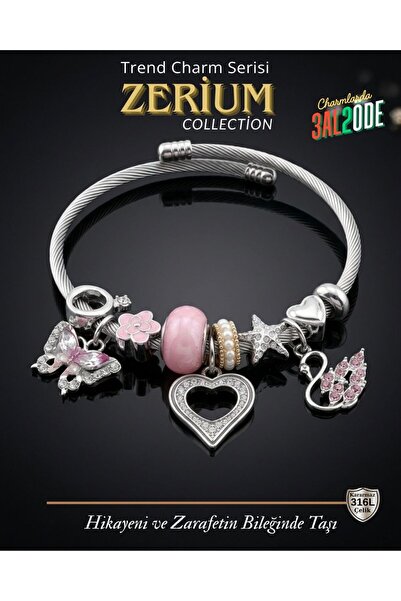 ZERİUM Modern Steel Stylish Women's Charm Steel Bracelet Butterfly and Swan Love