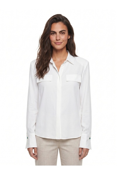 ONLOOX White Modal Fabric Shirt with Collar, Oversized Cut, Padded Wide Cuffs...