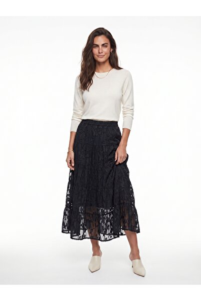 ONLOOX Black Self-Patterned Midi Skirt with Elastic Waist, Comfortable Cut, L...