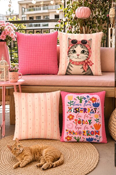 EVPANYA Hayat Dolu Kedi Desenli 4'Lü Kırlent Kılıfı Seti