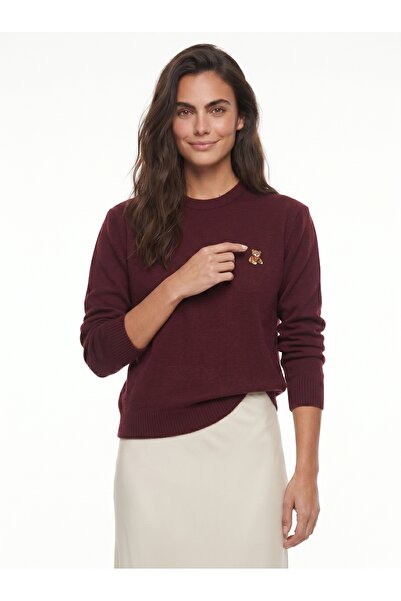 ONLOOX Burgundy Acrylic Fabric Crew Neck Standard Size Teddy Embroidered Basi...