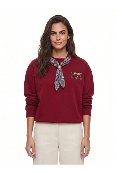 ONLOOX Burgundy Cotton Three-Threaded Embroidered Oversize Leopard Embroidere...