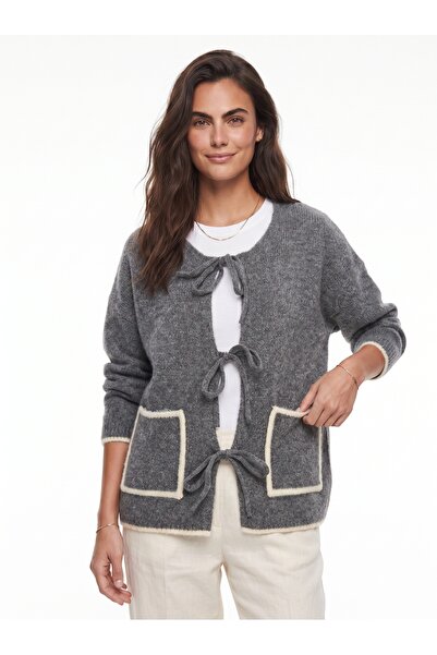 ONLOOX Gray Melange Soft Textured Crew Neck Knitwear Cardigan with Front Tie ...