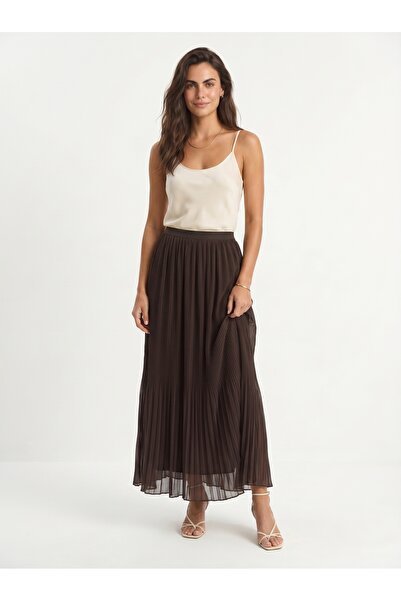 ONLOOX Brown Tulle Fabric High Waist Maxi Length Lined Pleated Flowing Form S...