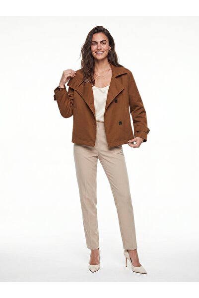 ONLOOX Tan Polyester Fabric Stand Collar Short Modern Cut Lined Trench Coat w...