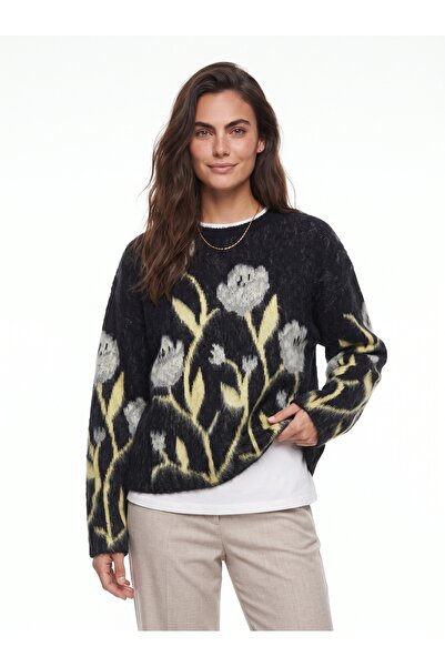 ONLOOX Black Textured Crew Neck Oversize Floral Patterned Knit Detailed Soft ...