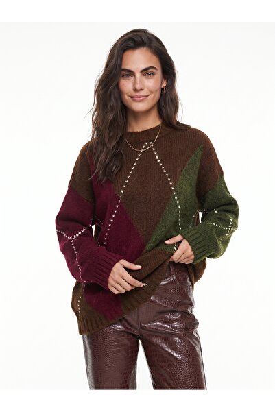 ONLOOX Coffee Burgundy Acrylic Blended Flexible Textured Crew Neck Argyle Sta...