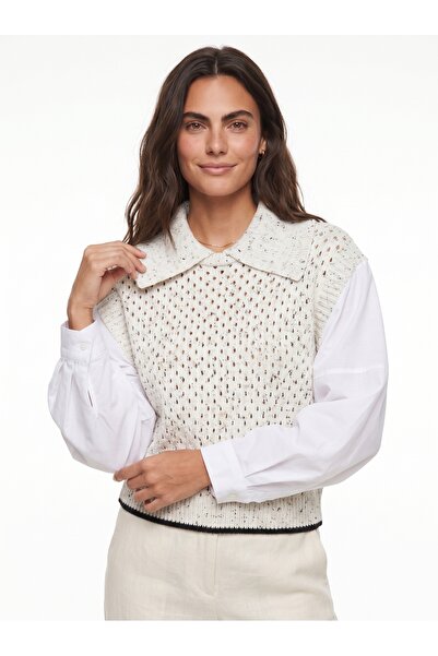 ONLOOX Ecru Acrylic Textured Shirt Collar Standard Size Openwork Detailed Kni...