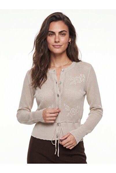 ONLOOX Stone Viscose Blended Knitwear Crew Neck Comfortable Fit Waist-Tied Bu...