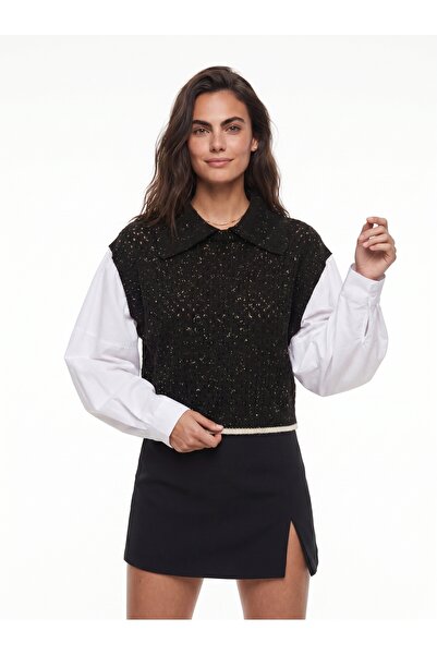 ONLOOX Black Acrylic Textured Shirt Collar Standard Size Openwork Detailed Kn...