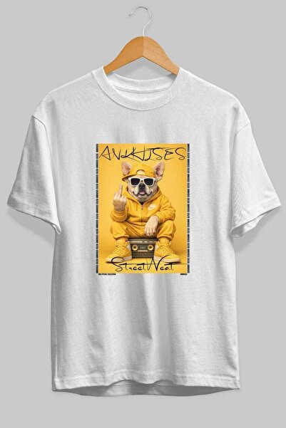 Ankhises For Dog Lovers 62 Front Dog Printed White Oversize T-Shirt 100% Cott...